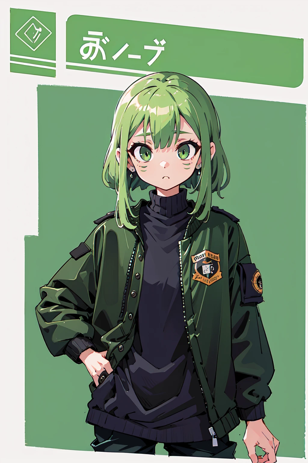 (masterpiece: 1.2, best quality), (1 lady, solo, upper body: 1.2),Detailed face, Black and white,, a girl in a black jacket and green Cargo pants standing, wearing Cargo pants, a green colored bomber jacket, Cargo pants , wearing dark green bomber jacket, black bomber jacket, black rugged clothing, cropped shirt with jacket, black pants, wearing a turtleneck and jacket, a girl wearing a black jacket, bomber jacket, black and green, white and black color scheme ((modern clothes)) Looking at the viewer, looking at the camera,,Magazine cover,a close up of a poster