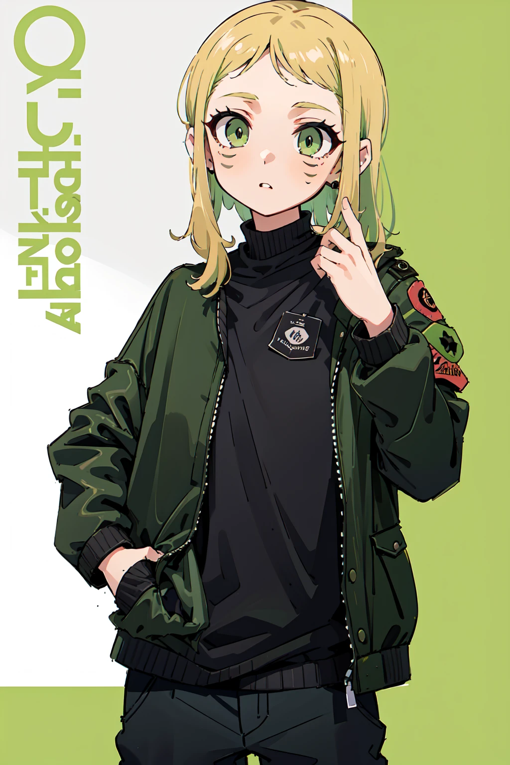 (masterpiece: 1.2, best quality), (1 lady, solo, upper body: 1.2),Detailed face, Black and white,, a girl in a black jacket and green Cargo pants standing, wearing Cargo pants, a green colored bomber jacket, Cargo pants , wearing dark green bomber jacket, black bomber jacket, black rugged clothing, cropped shirt with jacket, black pants, wearing a turtleneck and jacket, a girl wearing a black jacket, bomber jacket, black and green, white and black color scheme ((modern clothes)) Looking at the viewer, looking at the camera,,Magazine cover,a close up of a poster