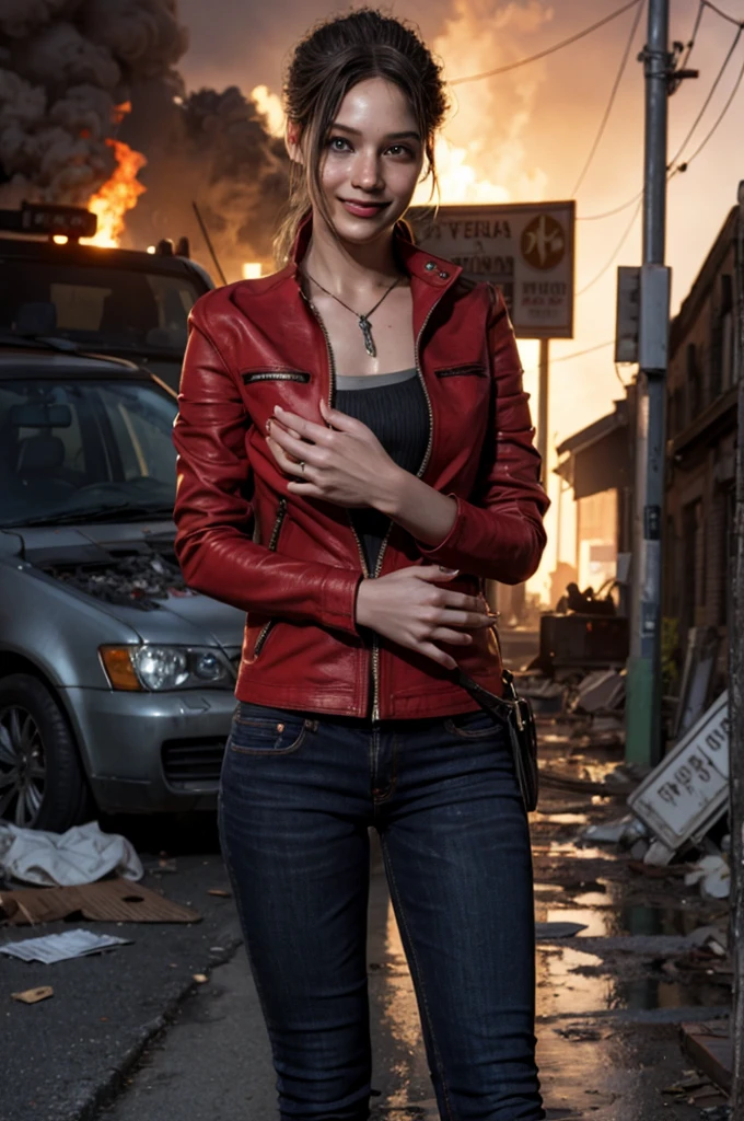 1girl, (realistic),(hyperrealism),(best quality),(masterpiece),(ultra high res),(photorealistic),idol,eye makeup,detailed eyes,detailed face,black dress, claireredfield2, brown hair, (red jacket:1.2), ponytail, (denim pants:1.3),, red wristband,, abandoned street, burning cars in background, littered street, smoke, chaos, zombie apocalypse, daytime, sunny,, hands in pocket, looking at viewer, smiling, closeup shot