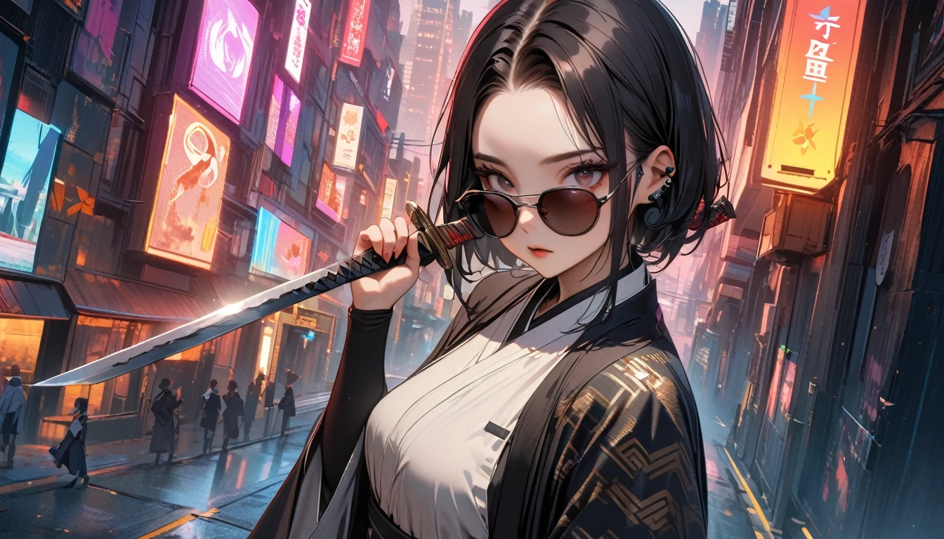 (((8K, Masterpiece, high resolution, highest quality, highest quality real texture skin))), ((wearing Japanese pattern headphones)), (((1 girl))), (((Japanese pattern haori))), (((Hold the sword in your right hand))), (((Cyberpunk City))), ((sunglasses)), (((Maid))), (Black shiny hair, beige skin)