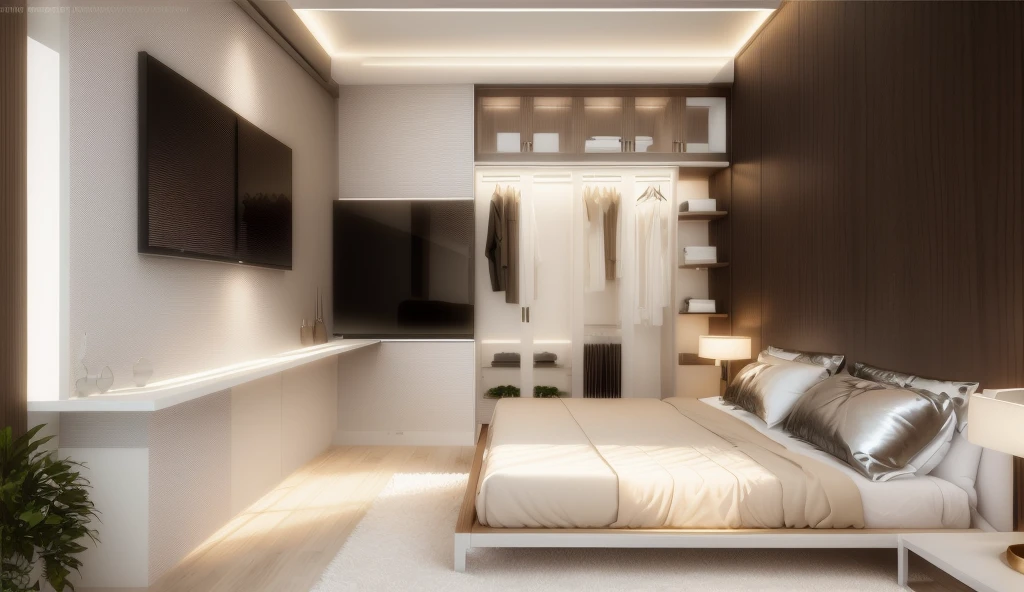 Design the master bedroom interior space in [contemporary, luxurious style], using wood, white ceiling lights, using indoor light combined with outdoor environmental light, [decorate Add a table tea in front of the sofa, modern, luxurious wooden table. Decorate the room with plants and decorate the walls with paintings]