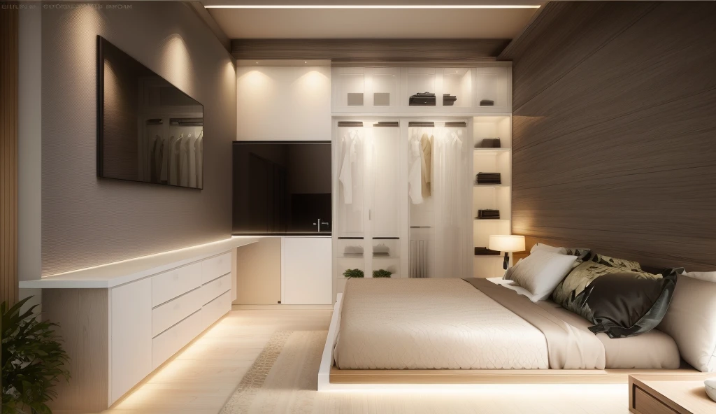 Design the master bedroom interior space in [contemporary, luxurious style], using wood, white ceiling lights, using indoor light combined with outdoor environmental light, [decorate Add a table tea in front of the sofa, modern, luxurious wooden table. Decorate the room with plants and decorate the walls with paintings]
