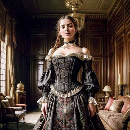 (best quality, 8k, high-resolution, masterpiece:1.2), ultra-high detailed, ((masterpiece)), ((25-year-old yummy lady the daughter of a plantation owner from Georgia in the southern states in 1862)), ((brown Hair tied up in the style of a young Victorian lady)), full body, pale skin, busty, cleavage, pensive facial expression, ((dressed in a lavish black cotton corset-bodice with colourful beautifully embroidered patterns, ((standing in the grand living room of an opulent antebellum mansion in a pose of a refined and distinguished young lady of the time)), no deformed bodies or hands, cameo choker around her neck, brilliant sunlight shining down on super shiny high gloss oiled skin,