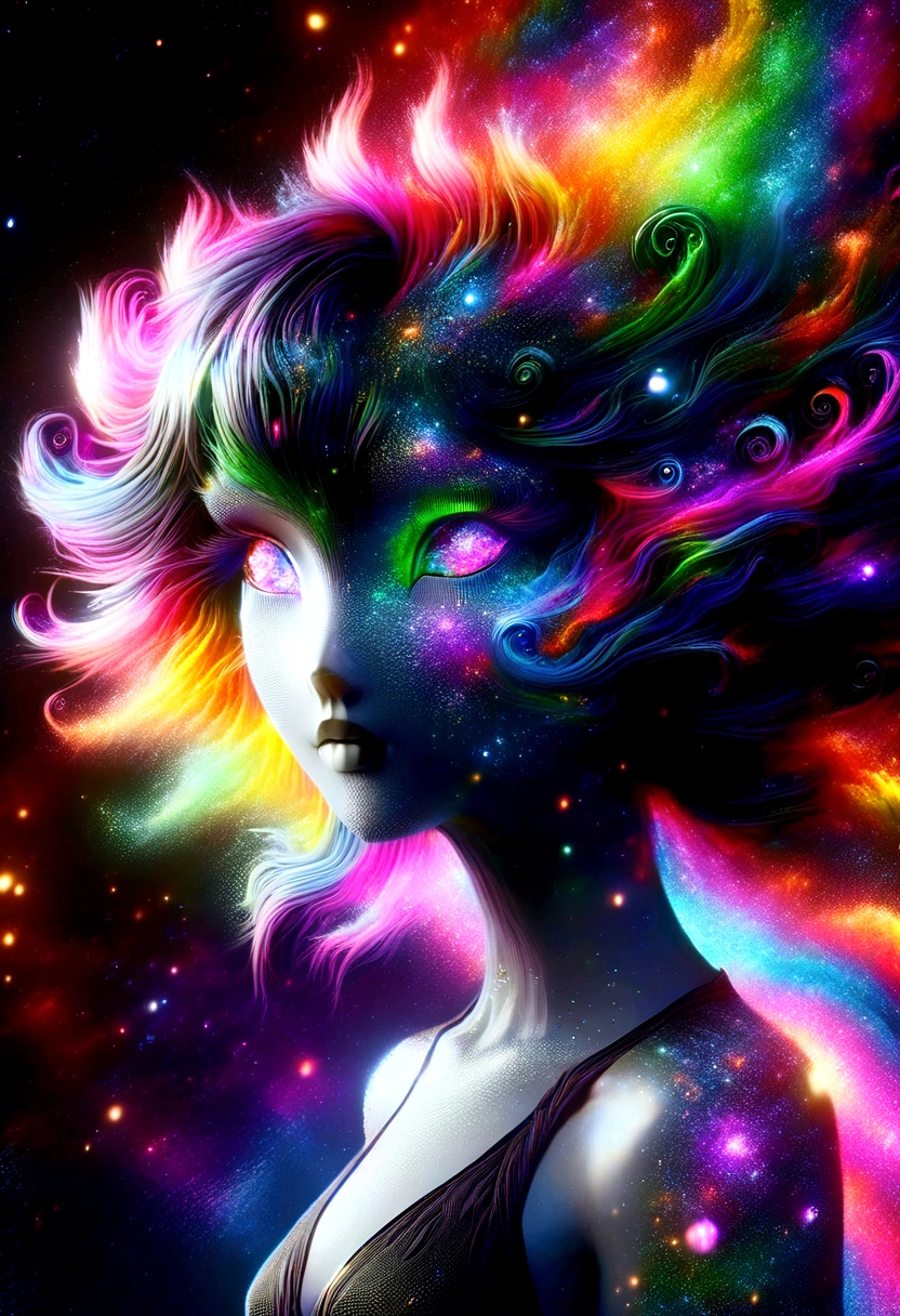 {{masterpiece}}, best quality, extremely detailed CG unity 8k wallpaper, cinematic lighting, lens flare, beautiful detail eyes, black,  side glance,  multicolor hair, colorful light, particles, heterochromia, (colorful:1.5), (colorful hair:1.5),