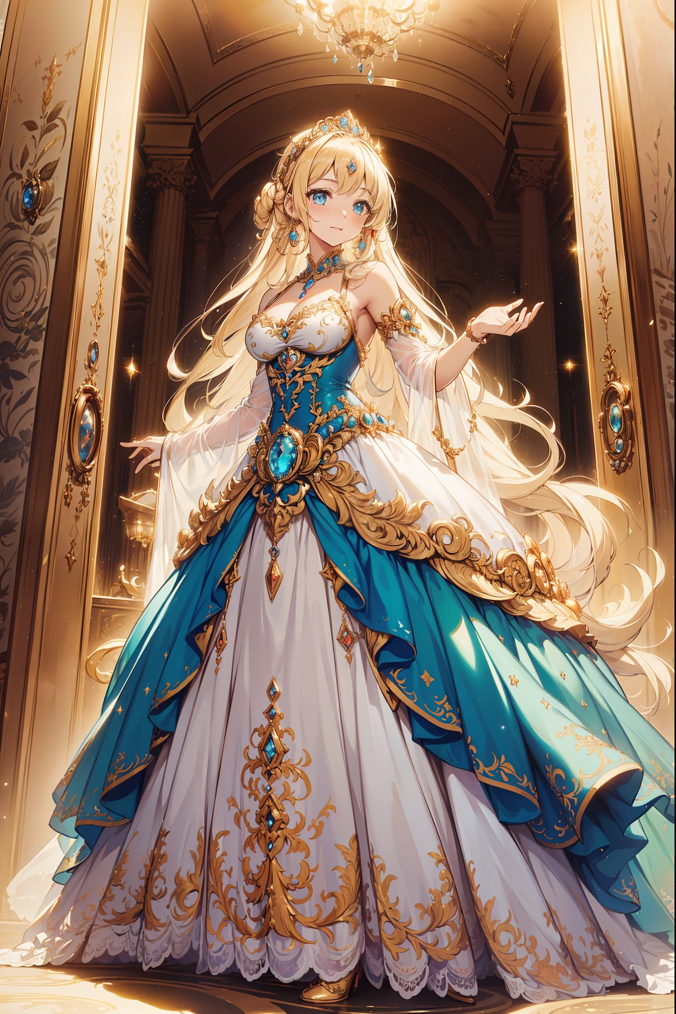 ((Anime art style)),(Masterpiece),(Best quality), (Super detail),((Very delicate and beautiful)),1 girl,((Full body portrait)),Stand at the Palace of Versailles,((Solo)),Digital art,(((1 princess in a gorgeous Rococo Princess ball dress,Wear yours with a voluminous full-length hoop skirt))),crinoline,((Beautiful embroidery and jewelry)),Plump frills,See-through,(Gorgeous embroidery and beautiful lace),((Plenty of straight hair,Extremely fluffy hair,Very long straight hair)),((finely detailed face and eyes)),Extremely gorgeous hair accessories,(Bling gemstones extremely gorgeous crowns),(Gorgeous gemstone jewelry,Sparkling gold),Long veil,(Beautiful background),full bodyesbian,((Gorgeous Rococo princess ball dress,Wide, full-length hoop skirt))
