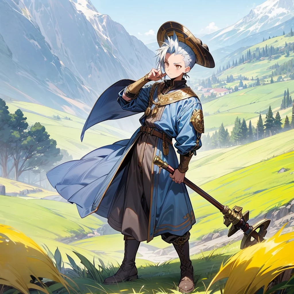 1boy, Full body version, 1character, gold eyes, tan skin, mohawk hairstyle, round eyes type, gold colour hair, blue cowboy hat, Renaissance clothing, gray color clothing, Ancient Roman boots, (hammer in hand), Grassroots background in mountain fields