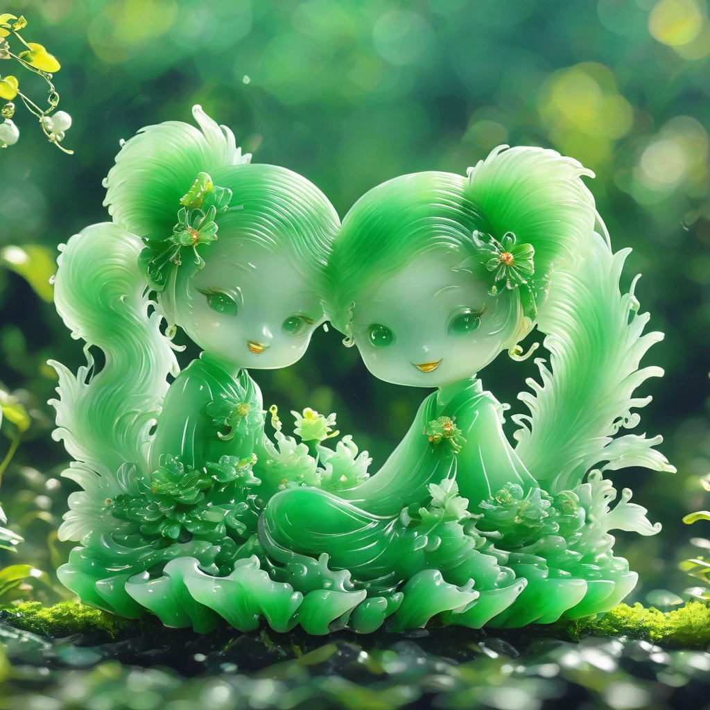 best quality, very good, 16K, ridiculous, Very detailed, Gorgeous(((Twin Tails1.3)))，Made of translucent jadeite, Background grassland（（A masterpiece full of fantasy elements）））， （（best quality））， （（Intricate details））（8K）