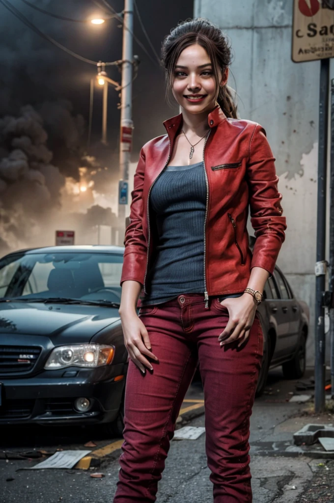 1girl, (realistic),(hyperrealism),(best quality),(masterpiece),(ultra high res),(photorealistic),idol,eye makeup,detailed eyes,detailed face,black dress, claireredfield2, brown hair, (red jacket:1.2), ponytail, (denim pants:1.3),, red wristband,, abandoned street, burning cars in background, littered street, smoke, chaos, zombie apocalypse, daytime, sunny,, hands in pocket, looking at viewer, smiling, closeup shot