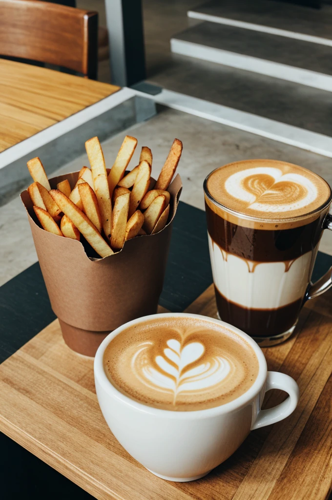 Two coffee and French fries in table