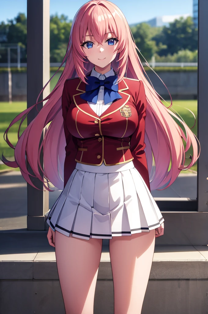 (masterpiece:1.3), (best quality:1.1), (8k, ultra detailed, ultra high res:1.2), ((anime style)), perfect 5 fingers, perfect anatomy,
1girl,
Ichinose honami \(youjitsu\),
long hair,
pink hair,
blue eyes, round eyes, tareme,
blue bow,
(large breasts:0.9),
red jacket, long sleeves, white skirt, pleated skirt, black calf socks,
looking at viewer,
cowboy shot,
BREAK smile, (arm behind back:1.1),
BREAK standing, perfect light, outside, outdoors, school,