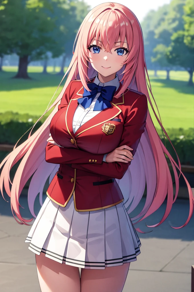 (masterpiece:1.3), (best quality:1.1), (8k, ultra detailed, ultra high res:1.2), ((anime style)), perfect 5 fingers, perfect anatomy, 
1girl,
Ichinose honami \(youjitsu\),
long hair, 
pink hair, 
blue eyes, round eyes, tareme, 
blue bow, 
(large breasts:0.9), 
red jacket, long sleeves, white skirt, pleated skirt, black calf socks, 
looking at viewer, 
cowboy shot, 
BREAK smile, (arm behind back:1.1), 
BREAK standing, perfect light, outside, outdoors, school, 