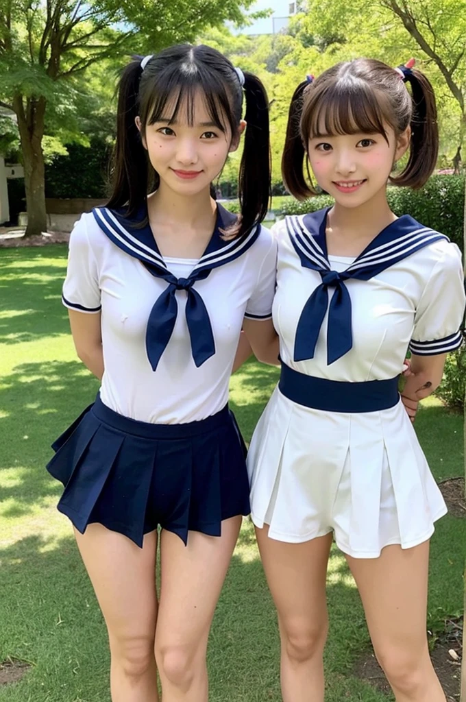 2 girls standing in school yard,short-sleeved white sailor one-piece swimsuit with navy blue bikini bottom,18-year-old,bangs,a little smile,thighs,knees,short hair with low pigtails bunches with red ribbon bow,from below,front light