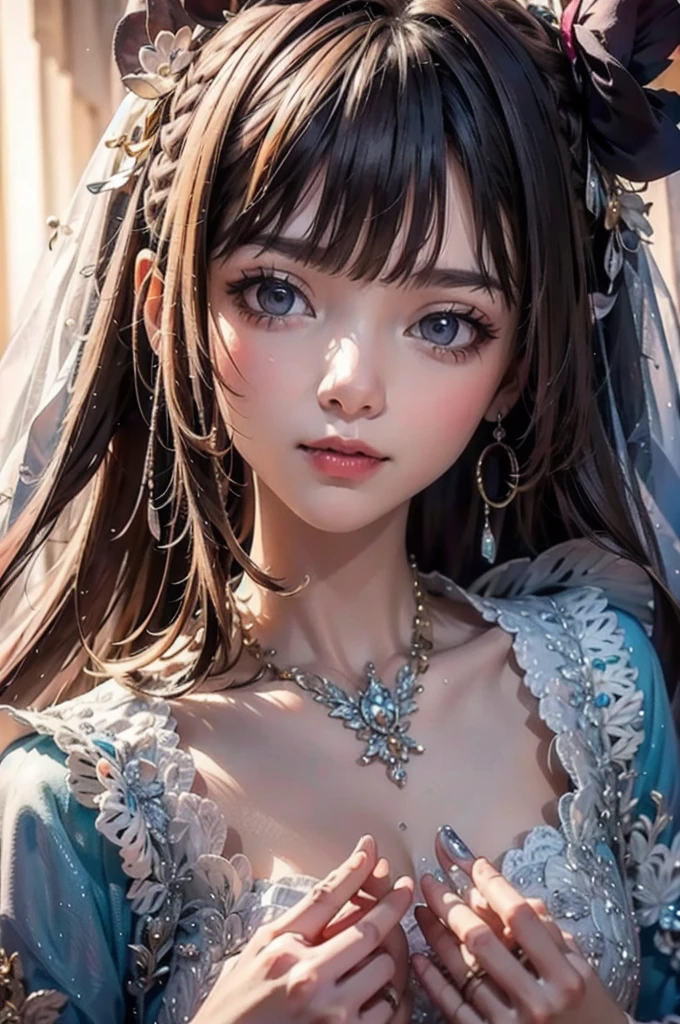 prompt: 8K resolution, Delicate features, , single, Unique pupils, smile, blonde, Princess Cut, Ribbon hair ornament, brooch, Shiny candy blue dress, Gold embroidery,Lolita Style, Gothic style, Facing the audience, Otaku Room, Female demon, Narrow Mouth, Small lips, Embarrassed expression, Small mouth, Thin lips, Embarrassed expression, Overall view, Zoom out, whole body,