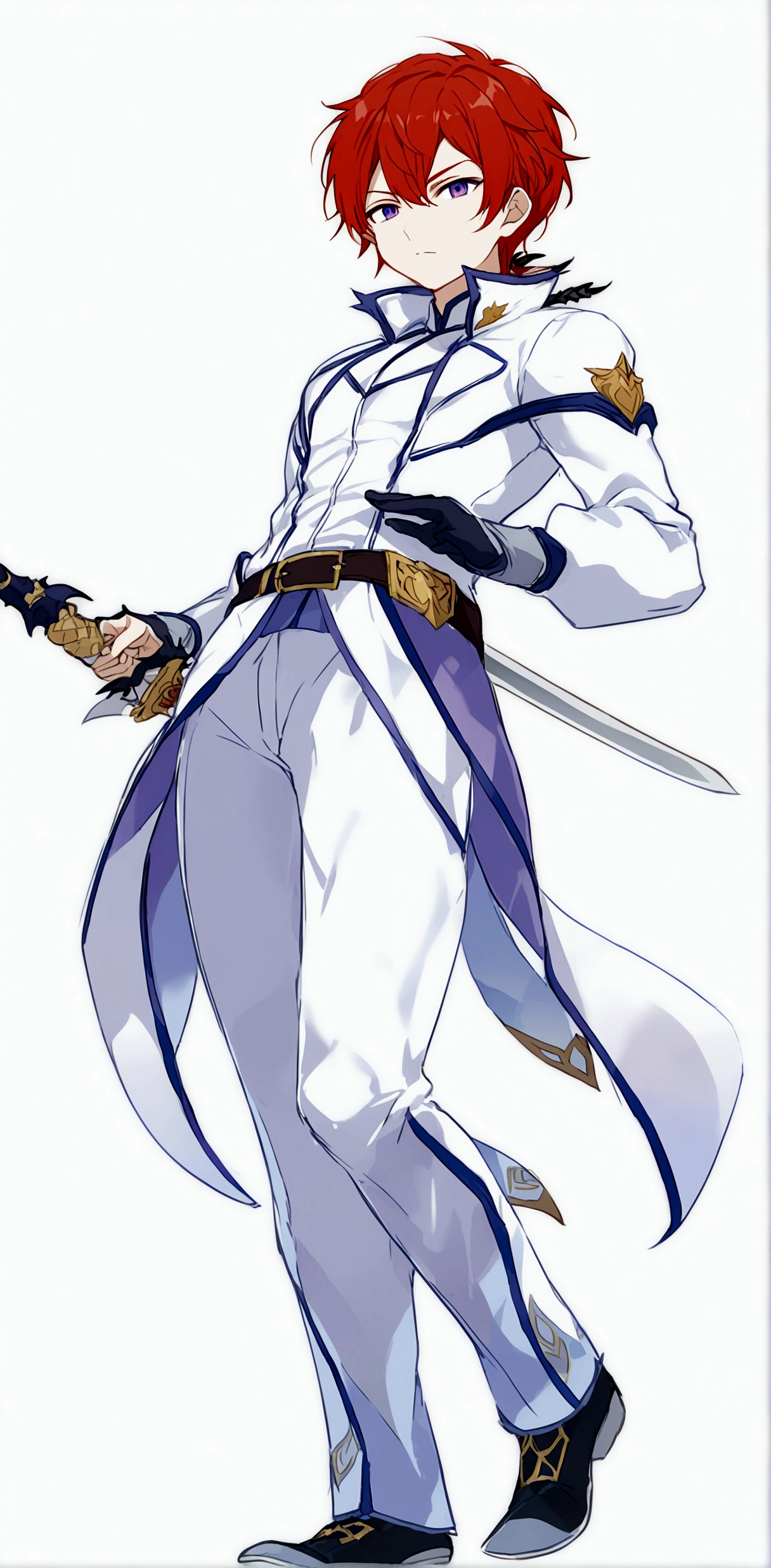 A young man with red short hair, wearing a white dress, with a sword at his waist, handsome and confident.
