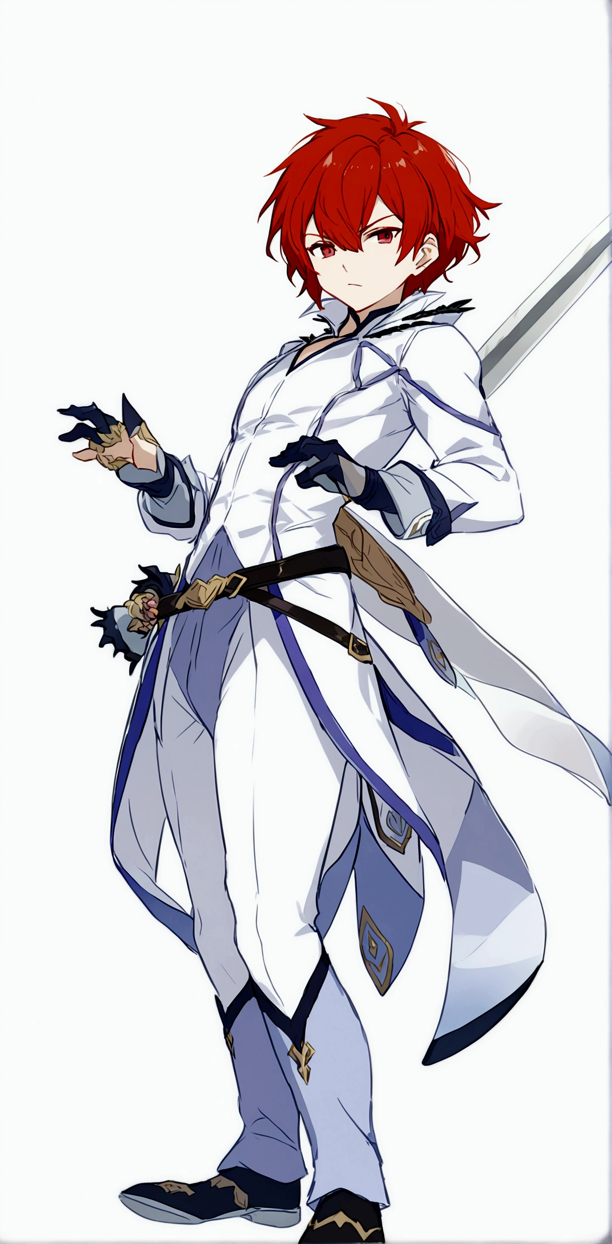 A young man with red short hair, wearing a white dress, with a sword at his waist, handsome and confident.
