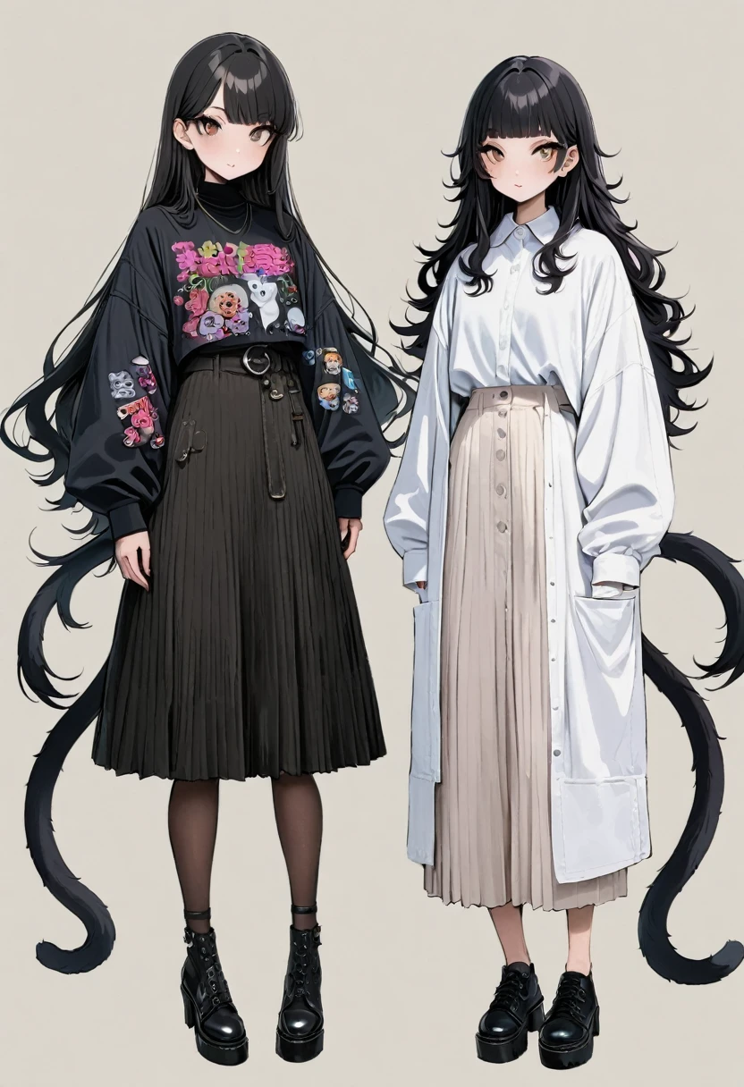Double tail女孩,whole body,(Delicate face:1.2), Pure background,masterpiece, Fashion,Tokyo,Harajuku,, Long hair, Black Hair, (Double tail:1.5), Bangs, Brown eyes,