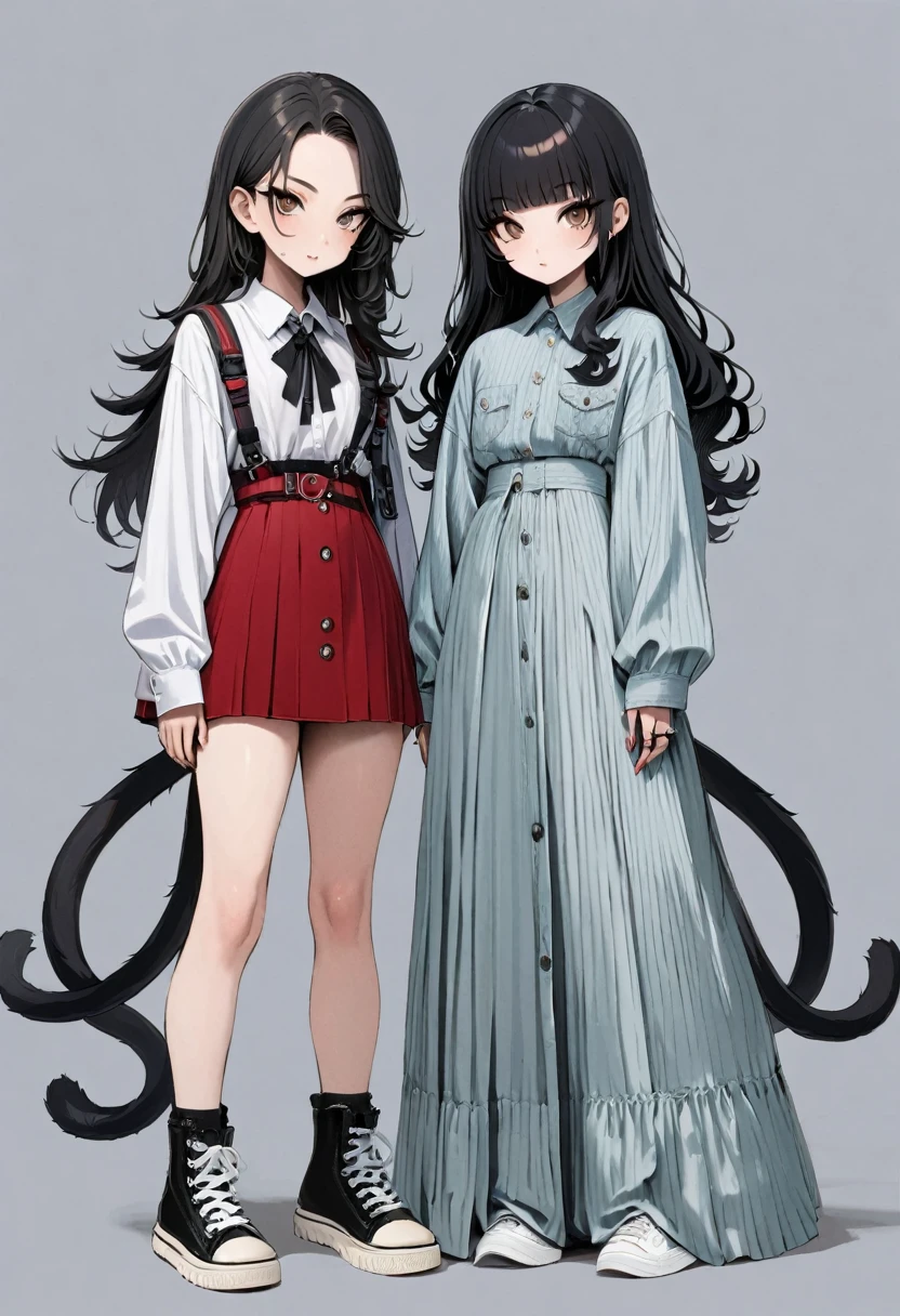 Double tail女孩,whole body,(Delicate face:1.2), Pure background,masterpiece, Fashion,Tokyo,Harajuku,, Long hair, Black Hair, (Double tail:1.5), Bangs, Brown eyes,