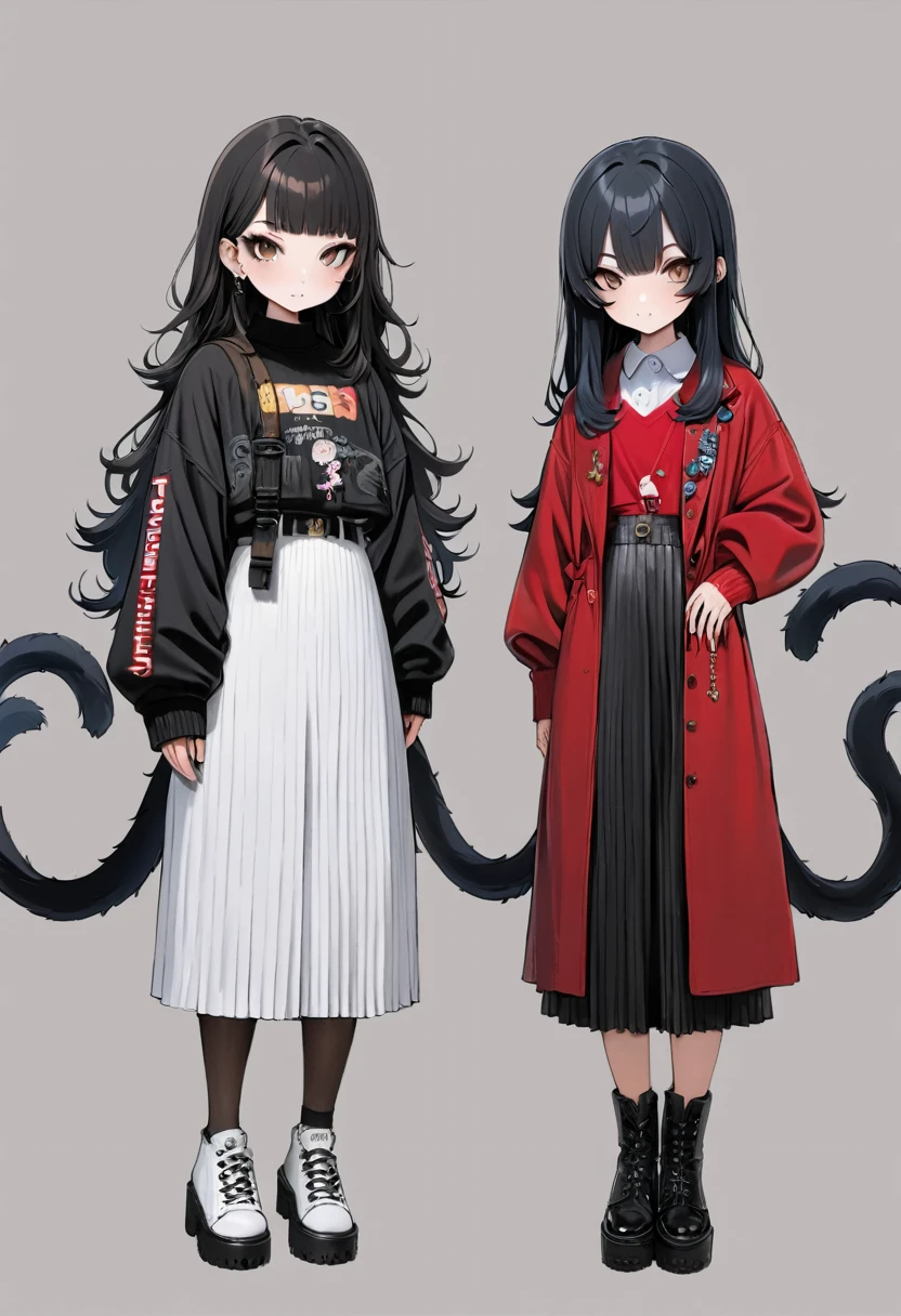 Double tail女孩,whole body,(Delicate face:1.2), Pure background,masterpiece, Fashion,Tokyo,Harajuku,, Long hair, Black Hair, (Double tail:1.5), Bangs, Brown eyes,