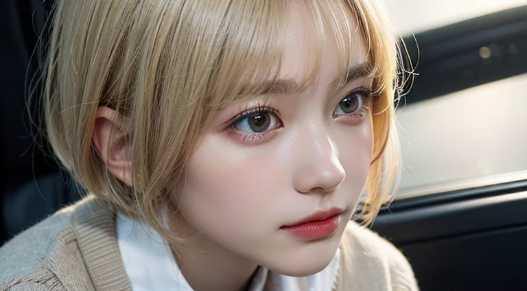 (Bob Cut Hair, Platinum Blonde Hair:1.2),(Wear a cardigan over a collared shirt:1.2),1 girl,Japanese,21 years old,(Small breasts:1.3),(Highest quality,masterpiece:1.3,超A high resolution,),(Ultra-detailed,Caustics),(Photorealistic:1.4,RAW shooting,)Ultra-Realistic Capture,Very detailed,High resolution 16K human skin close-up。 Natural skin texture、,Pores、、It needs to be detailed enough to be easily identifiable。 Skin should be even-toned and healthy looking。 Use natural light and colour, Sad expression, Looking at the camera, Perfect dynamic composition, Outdoor