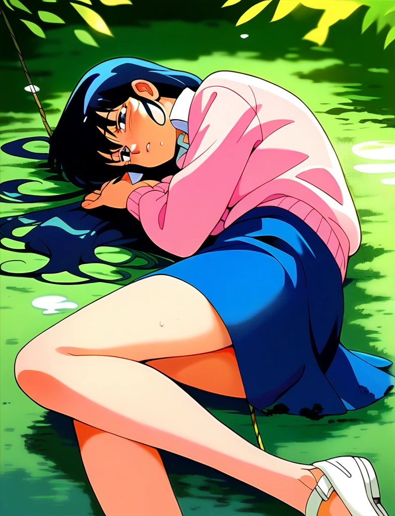Kyoko,score_9,score_8_superior,score_7_superior,sauce_anime,One girl,alone,View your viewers,soaked,downpour,in the forest,Pink Sweater,White collared shirt,length_skirt,blue skirt,Spread your legs,Biting rope,Lying down,Sad face,:
