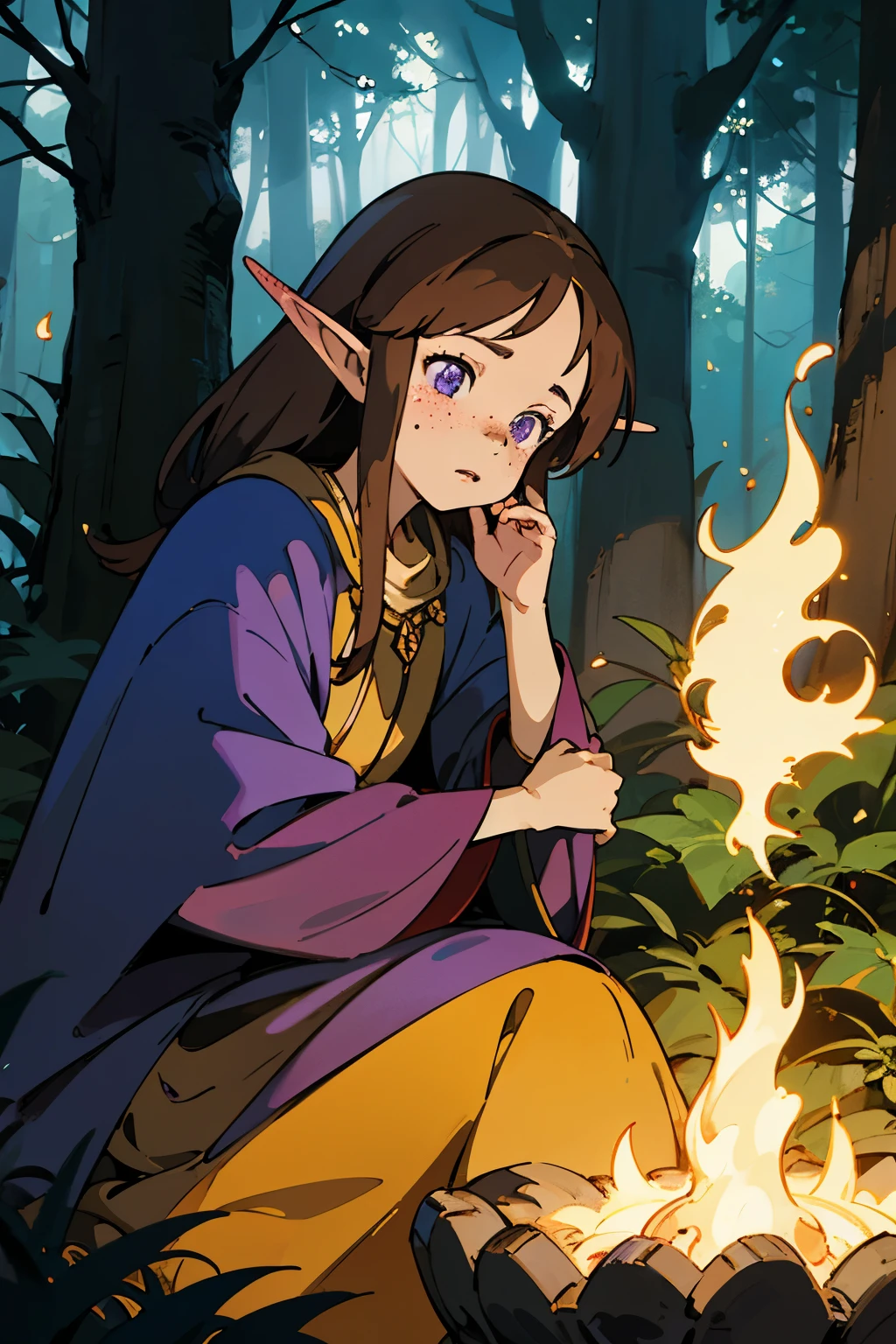 ((best quality)), ((masterpiece)), (detailed), 1girl, (masterpiece), best quality, expressive eyes, perfect face, magical, fantasy, woman, Half-elf, druid, long brown hair, lavender purple eyes, gold accessories, fair skin, pretty, freckles, in forest, druid clothing, magical glowing, magical forest, nighttime, by a campfire, sitting down pose, magical