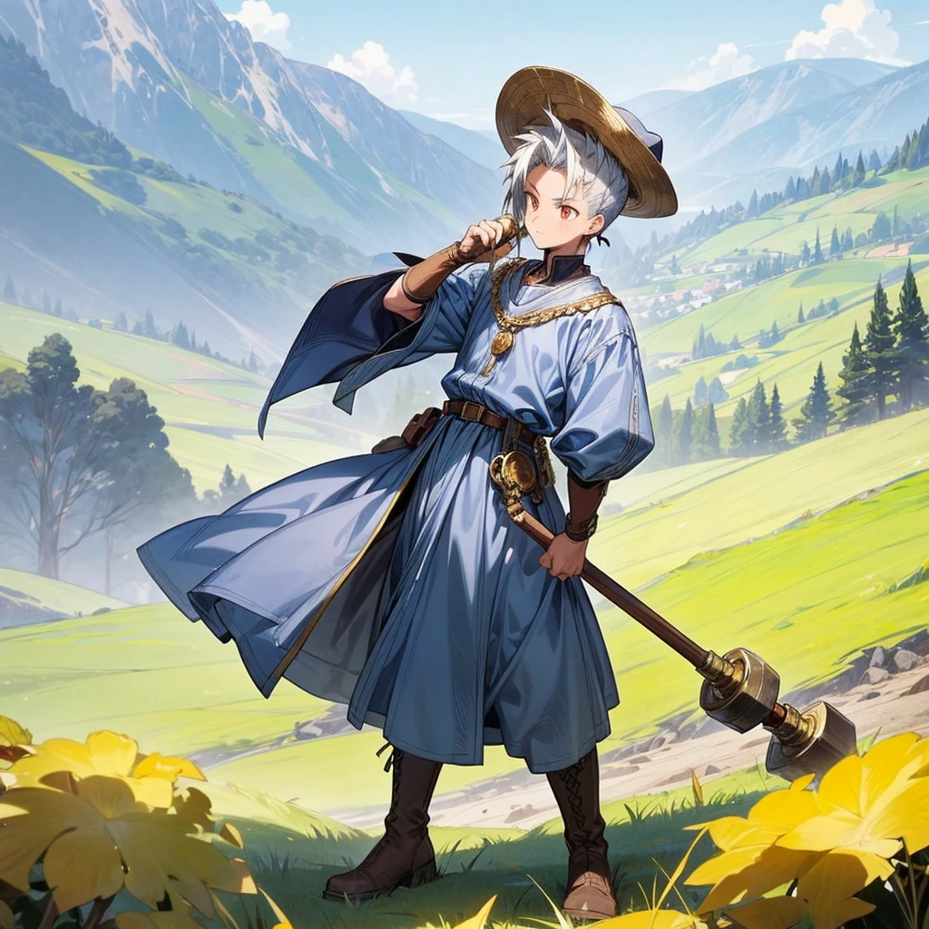 1boy, Full body version, 1character, gold eyes, tan skin, mohawk hairstyle, round eyes type, gold colour hair, blue cowboy hat, Renaissance clothing, gray color clothing, Ancient Roman boots, (hammer in hand), Grassroots background in mountain fields