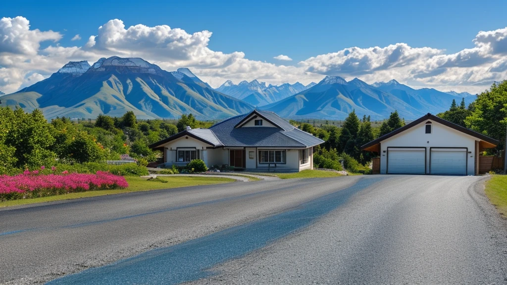 masterpiece, scenery, landscape, two blue snow mountains, sun in the middle of mountains, blue sky, white clouds, flying birds, wide meadow, single small house, single big tree beside the house, ricefield across the house, asphalt road leading to the mountains, flowers