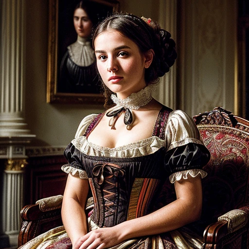 (best quality, 8k, high-resolution, masterpiece:1.2), ultra-high detailed, ((masterpiece)), ((25-year-old yummy lady the daughter of a plantation owner from Georgia in the southern states in 1862)), ((brown Hair tied up in the style of a young Victorian lady)), full body, pale skin, busty, cleavage, pensive facial expression, ((dressed in a lavish black cotton corset-bodice with colourful beautifully embroidered patterns, ((sitting in the grand living room of an opulent antebellum mansion in a pose of a refined and distinguished young lady of the time)), no deformed bodies or hands, cameo choker around her neck, brilliant sunlight shining down on super shiny high gloss oiled skin, view up dress shows hairy pussy, nice hairy bush, dark pubic hair