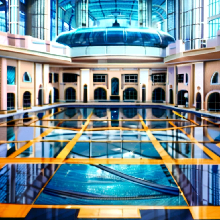 there is a large indoor pool with a waterfall in the middle, a pool inside the giant palace, luxurious furnishings, Wellness pool, Glass floor, in a luxurious swimming pool, Dreampool Rooms, Crystal clean room, in a futuristic palace in the desert, Brightly lit blue room, futuristic setting, Cinematic Full Frame, indoor pool, Особняк Vaporwave, Luxury HD Rendering, Futuristic Hall