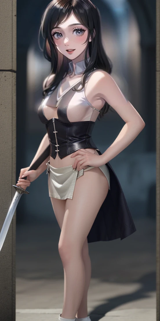 Japanese anime style. woman. middle ages. Europe. fantasy. skirt. sword. Are standing. Whole body.