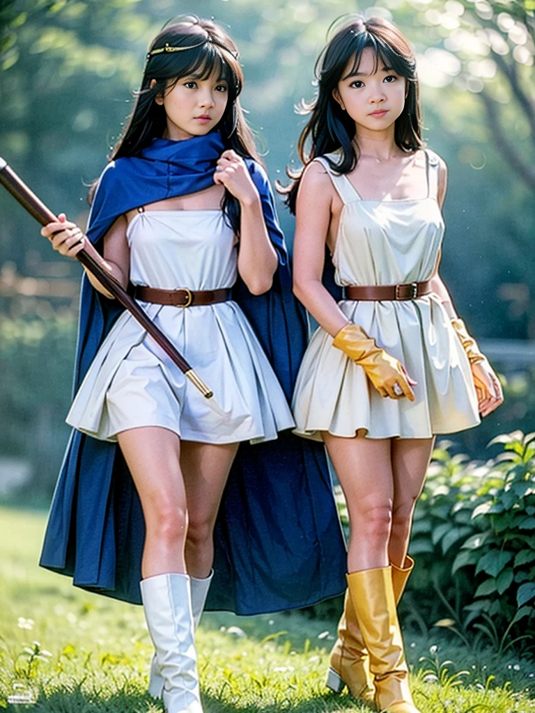 sage_(dq3), 1girl, 
walking through the vast grasslands, 
long hair, blue hair, normal breast, cleavage, bare shoulders, 
circlet, yellow gloves, (white dress:1.6), belt bag, cape, knee-high boots, white panties, 
(holding a wooden staff), 
(cowboy shot), 
detail face, (photorealistic:1.4), ultra high res, best quality, ((detailed facial features)), 8k resolution,
