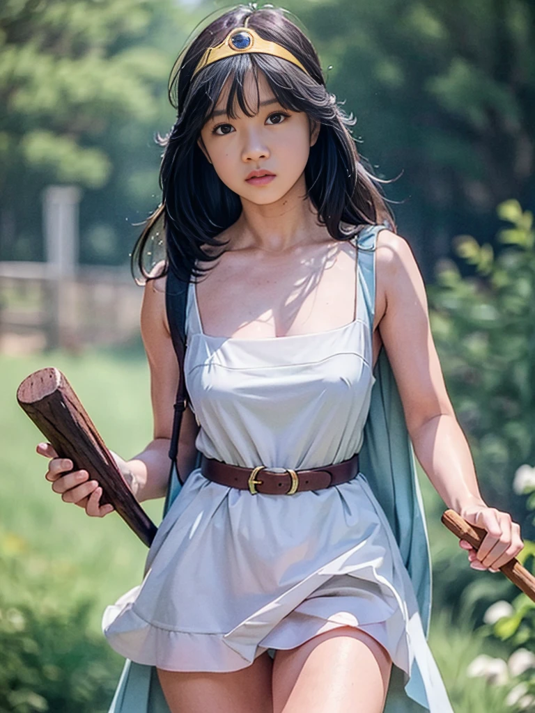 sage_(dq3), 1girl, 
walking through the vast grasslands, 
long hair, blue hair, normal breast, cleavage, bare shoulders, 
circlet, yellow gloves, (white dress:1.6), belt bag, cape, knee-high boots, white panties, 
(holding a wooden staff), 
(cowboy shot), 
detail face, (photorealistic:1.4), ultra high res, best quality, ((detailed facial features)), 8k resolution,
