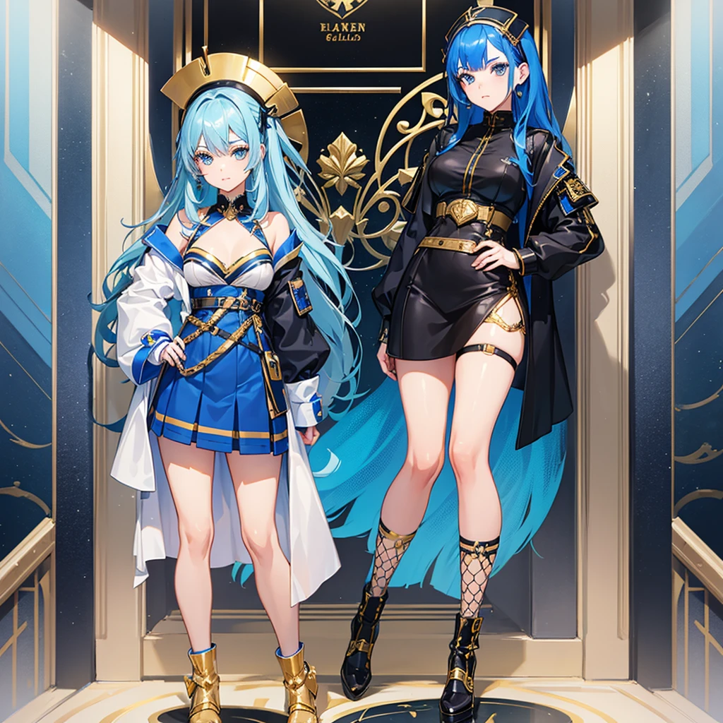 A girl with blue hair and gold mesh. She has golden eyeshadow and royal blue accents. She wears black knee-high socks.