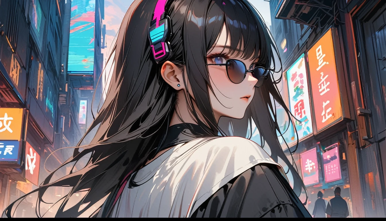 (((8K, Masterpiece, high resolution, highest quality, highest quality real texture skin))), ((wearing Japanese pattern headphones)), (((1 girl))), (((Japanese pattern haori))), (((Long sword))), (((Cyberpunk City))), ((sunglasses)), (((Maid))), (Black shiny hair, beige skin)
