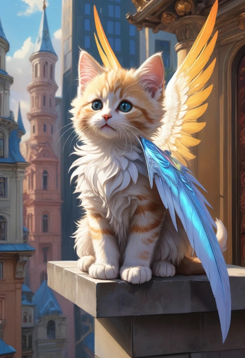 (Soft magnificent painting:1.3), Close up of (Cute anthropomorphic kitten angel:1.3) (Has a long, sharp magical blade:1.2), (Long and complicated robes:1.2), Wide wings, (sitting on the edge of a modern building:1.3), Colorful buildings, Masterpieces with up to 16K resolution, Highest quality, Super detailed.