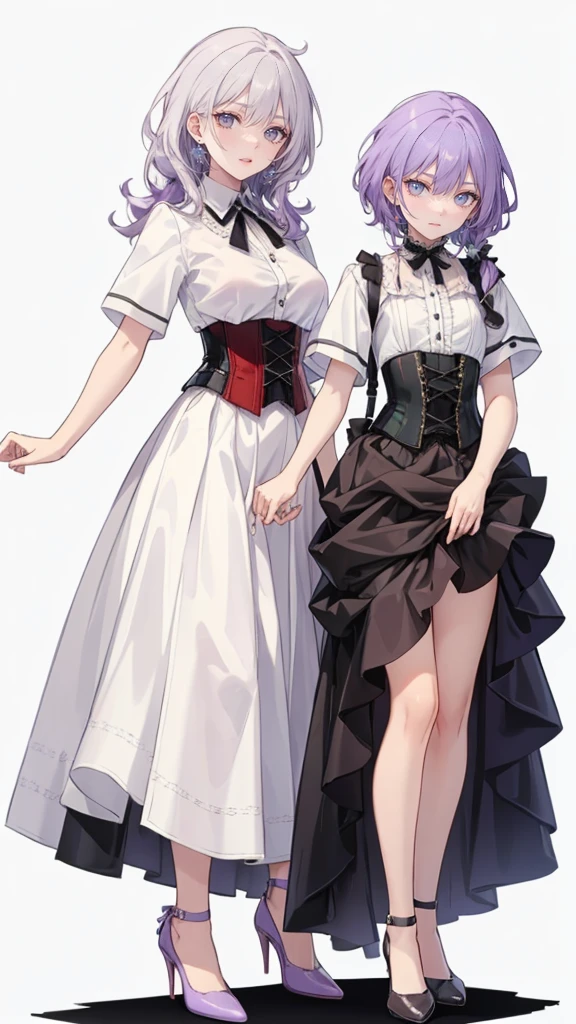 ((Perfect Face)),Purple Hair,long hair,Adult female,White shirt,((Shirt with rolled up sleeves)),(((Roll up your sleeves))),((corset)),short skirt,(High heels),((Simple White Background)),((full body)),((Full Body)),