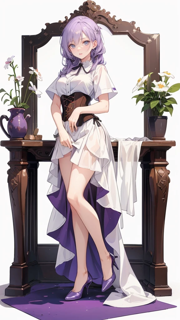 ((Perfect Face)),Purple Hair,long hair,Adult female,White shirt,((Shirt with rolled up sleeves)),(((Roll up your sleeves))),((corset)),short skirt,(High heels),((Simple White Background)),((full body)),((Full Body)),