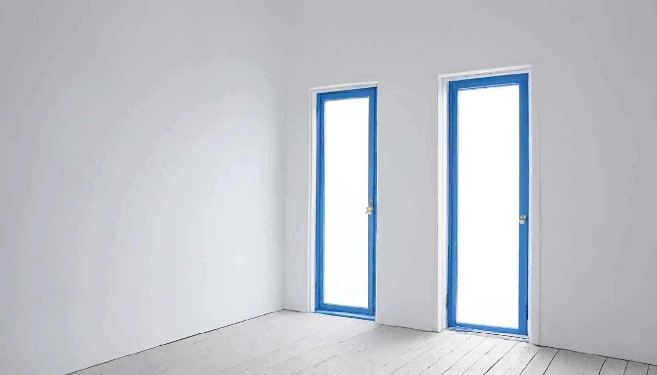 Pure white room　door　Blue window on the left