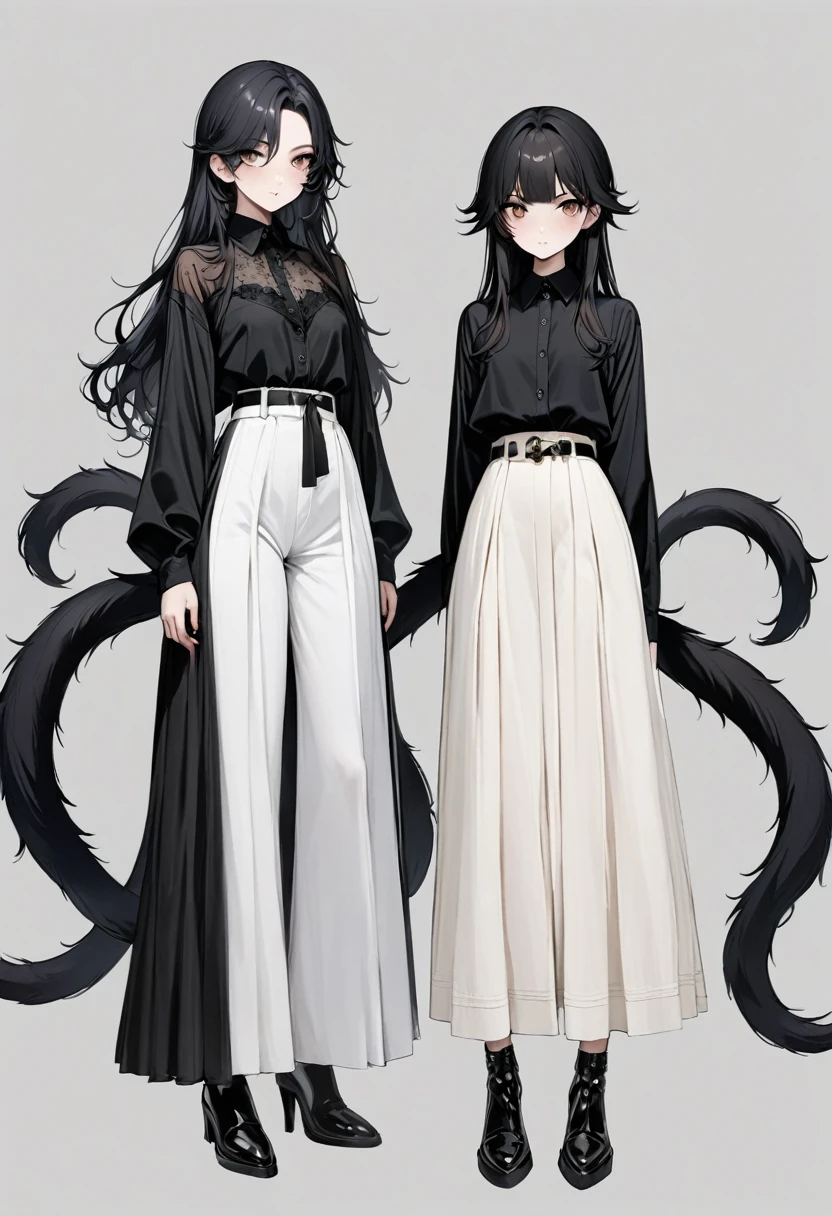 Double tail女孩,whole body,(Delicate face:1.2), Pure background,masterpiece, Fashion, Long hair, Black Hair, (Double tail:1.5), Bangs, Brown eyes,