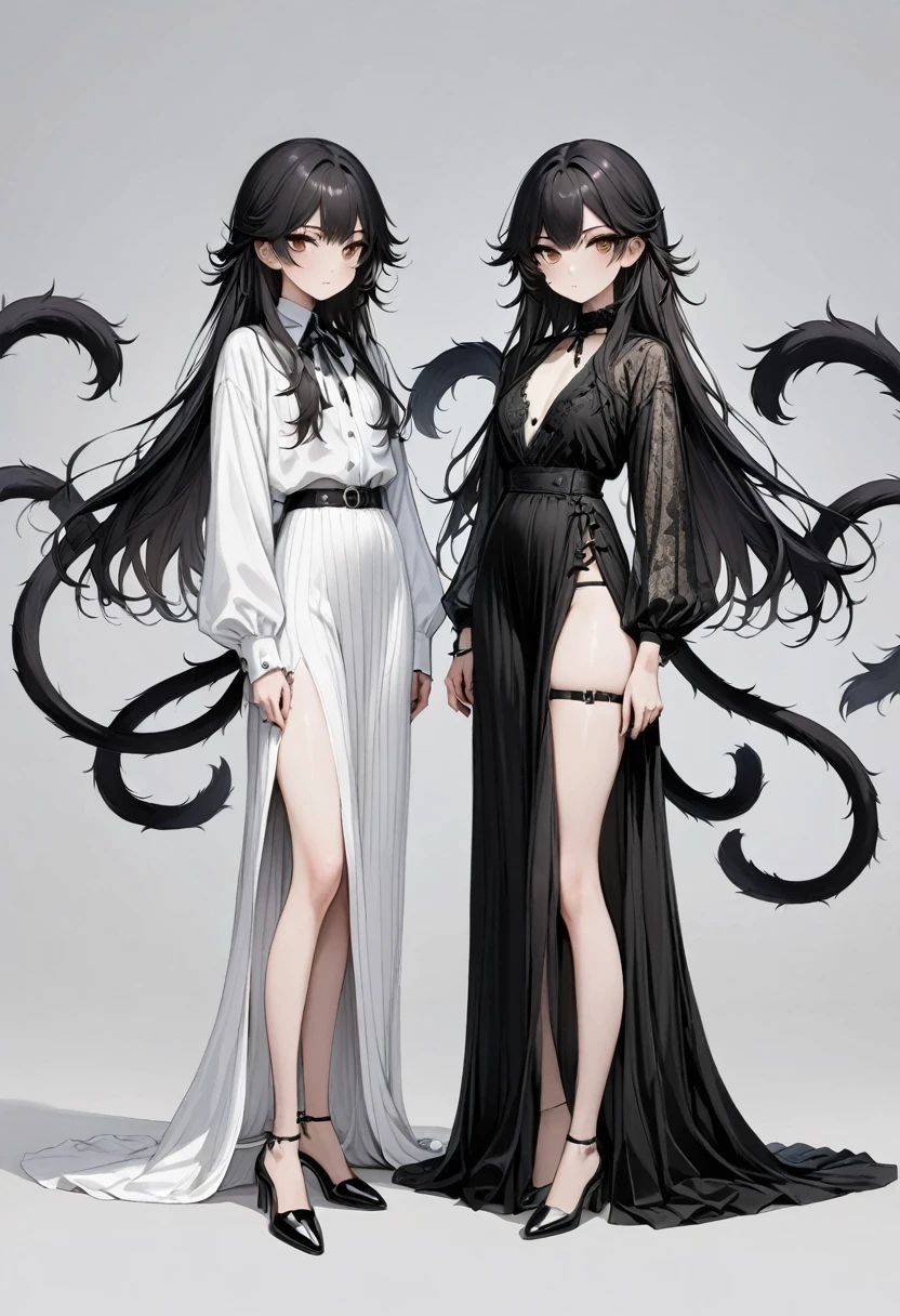 Double tail女孩,whole body,(Delicate face:1.2), Pure background,masterpiece, Fashion, Long hair, Black Hair, (Double tail:1.5), Bangs, Brown eyes,