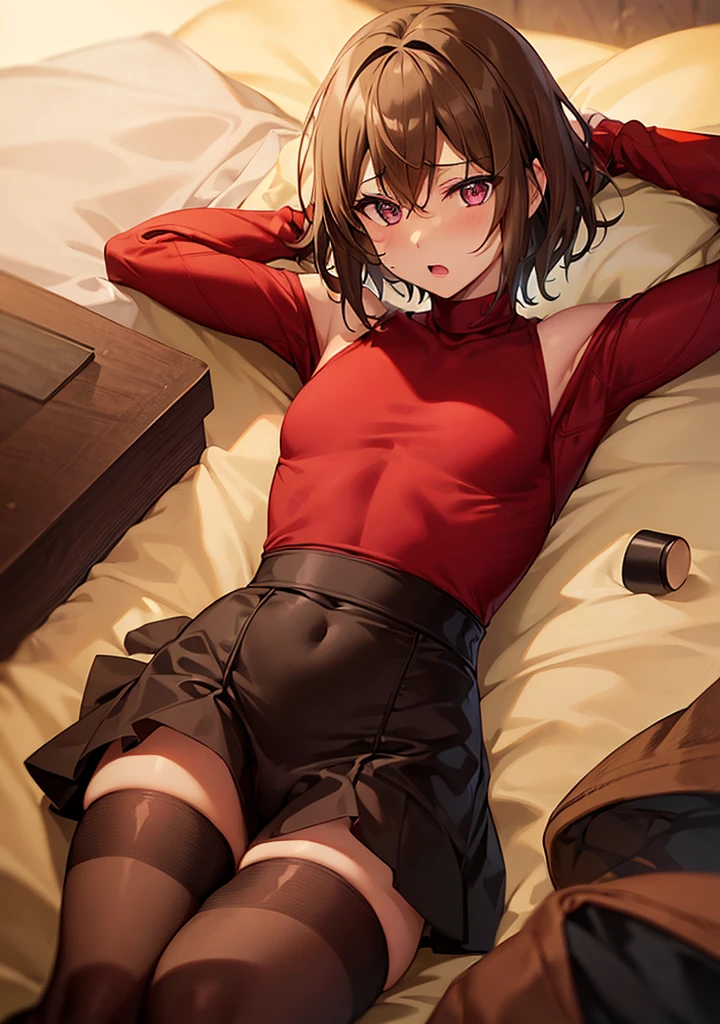 {{{{Femboy、Fake Girl、Supple、thin、Flat Chest、Poor chest、Sloping shoulders、share、bulge、junk、package}}}}、{{thinウエスト}}、{{Brown Hair、short hair、Red knitted sweater、Black Skirt、Black Stockings、Long sleeve、Red cheeks}}、((share間のbulge))