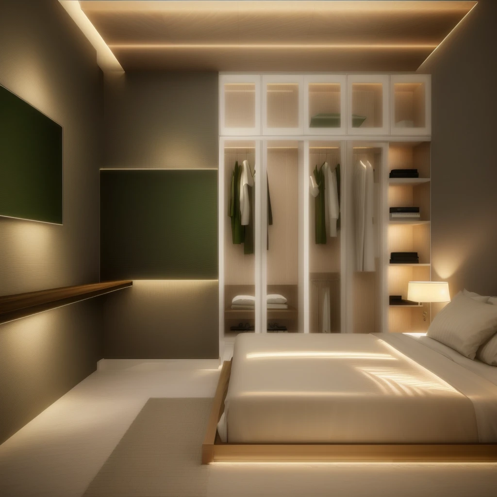 Design the master bedroom interior space in [contemporary, luxurious style], using wood, white ceiling lights, using indoor light combined with outdoor environmental light, [decorate Add a table tea in front of the sofa, modern, luxurious wooden table. Decorate the room with green plants and decorate the walls with paintings], [render vray 3ds max]