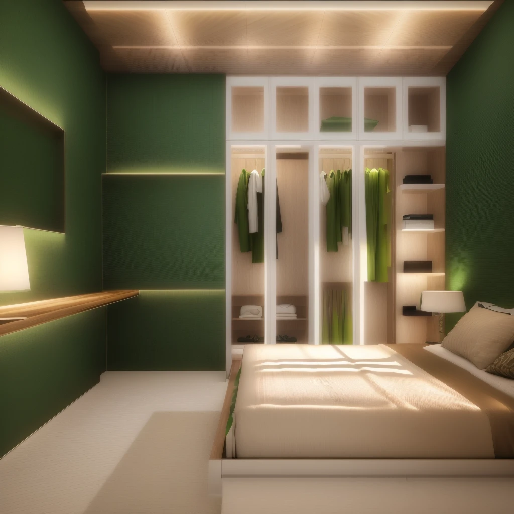 Design the master bedroom interior space in [contemporary, luxurious style], using wood, white ceiling lights, using indoor light combined with outdoor environmental light, [decorate Add a table tea in front of the sofa, modern, luxurious wooden table. Decorate the room with green plants and decorate the walls with paintings], [render vray 3ds max]