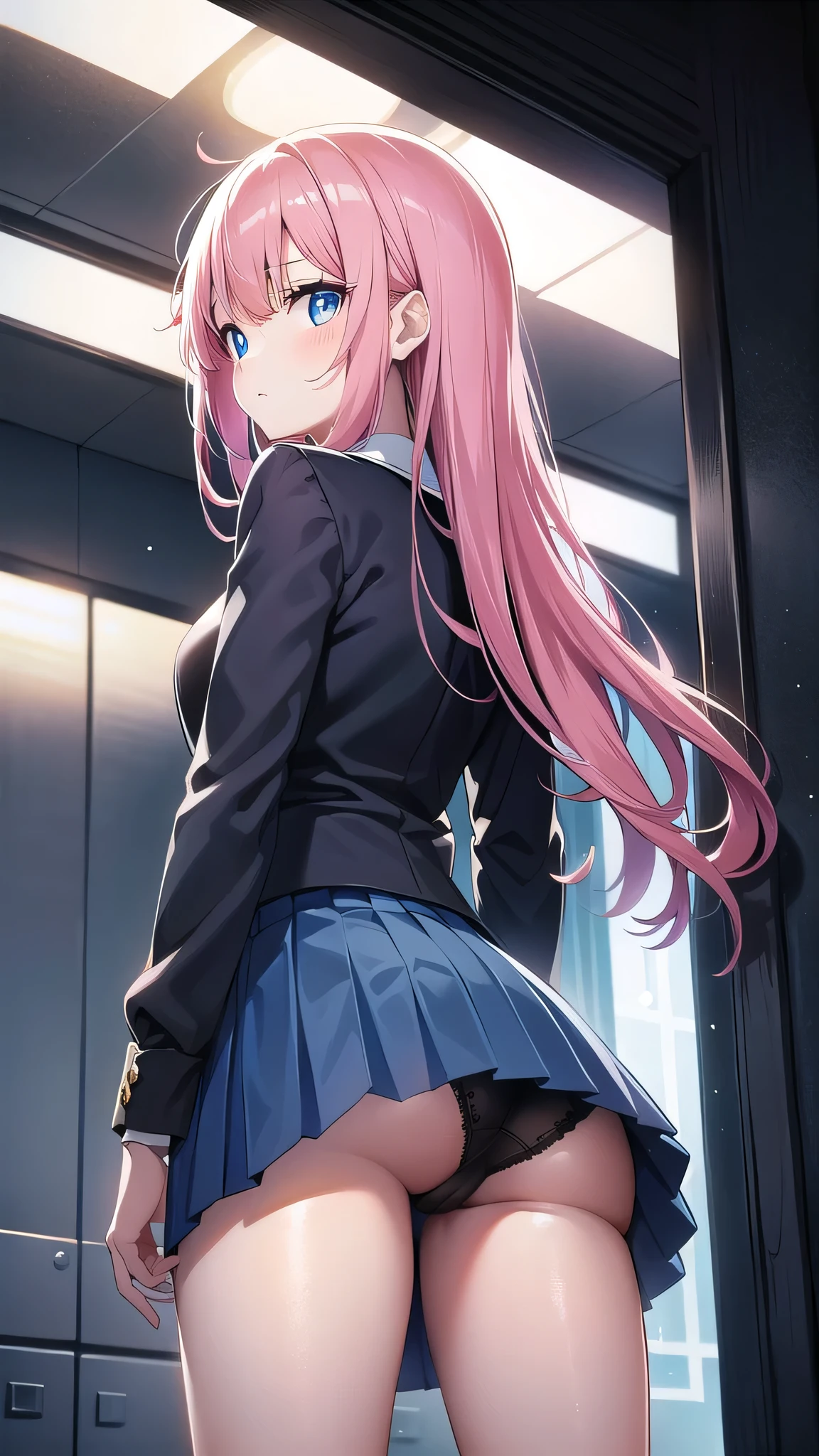 nodokaharamura, nodoka haramura, blue eyes, hair bow, long hair, pink hair, bow, BREAK blue skirt, kiyosumi , pleated skirt,serafuku, skirt, BREAK looking at viewer, BREAK indoors, city,night,neon lights,rain,wet road,reflections BREAK (masterpiece:1.2), best quality, high resolution, unity 8k wallpaper, (illustration:0.8), (beautiful detailed eyes:1.6), extremely detailed face, perfect lighting, extremely detailed CG, (perfect hands, perfect anatomy),black pantyhose,pantyhose,standing in street,skinny fit,from behind,back view,upskirt,showing ass, panties,wet panties,camel toe