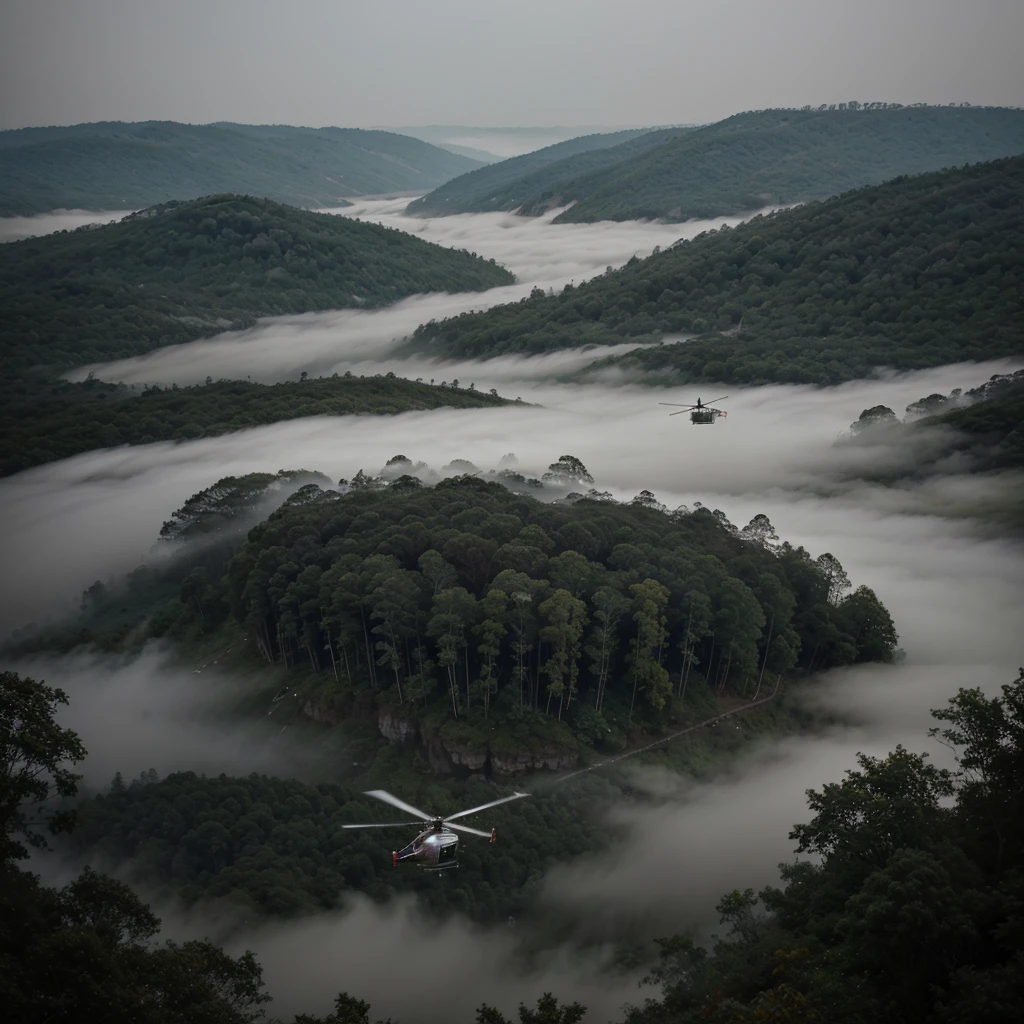 3 shiny helicopters fly over a misty forest, dim lights, uncertainty, odd