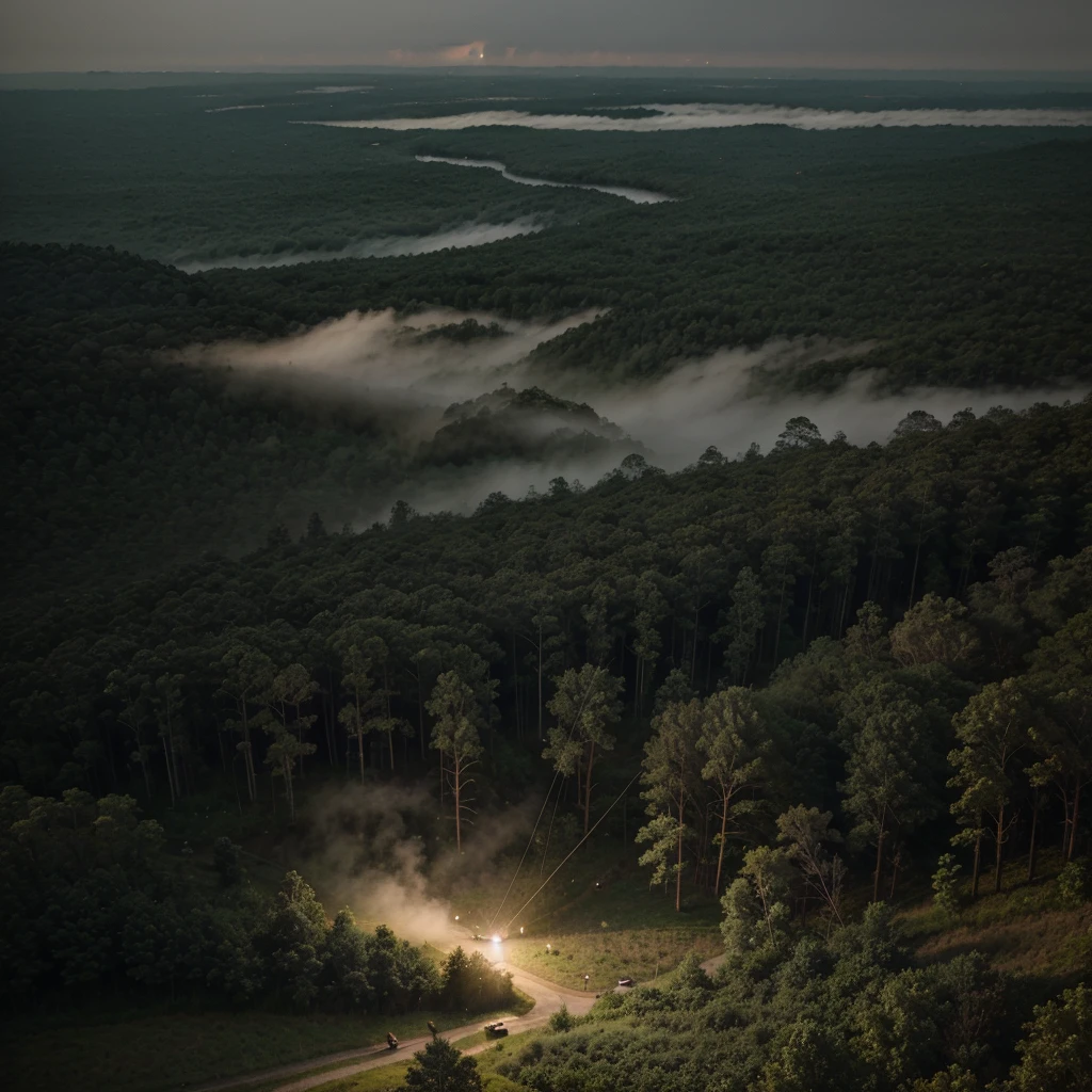 3 shiny helicopters fly over a misty forest, dim lights, uncertainty, odd