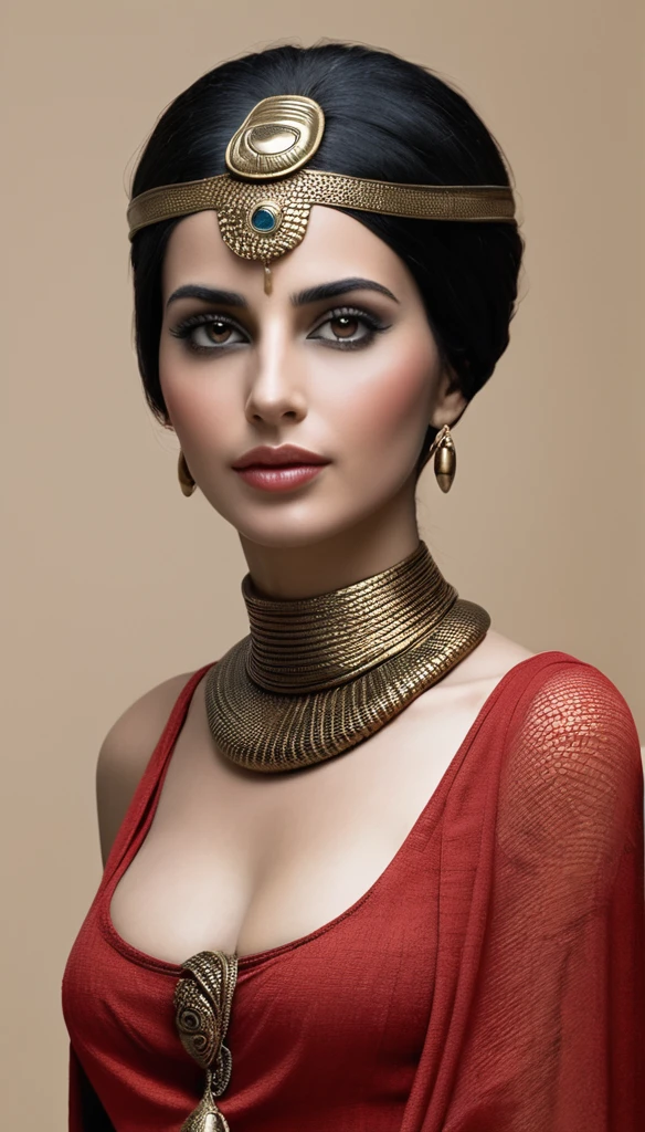 Merfertiti, Femme mature ( 30 ans) enceinte, avec une peau de serpent, un corps très sexy , corps maternelle, a l'Égypte antique, a une grosse poitrine, dans un temple égyptien, porte une robe rouge et maron couleur sable, moule le corps, vêtements transparent, femme avec de long cheveux noirs orné de nombreux bijoux, très enceintes, sa poitrine est gonflé par du lait, a des crochets de serpent visible, elle sourit, avec des yeux doré a pupilles reptilienne, une femme serpent