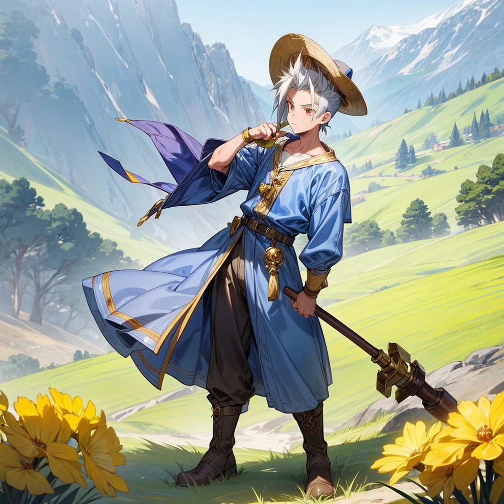 1boy, Full body version, 1character, gold eyes, tan skin, mohawk hairstyle, round eyes type, gold colour hair, blue cowboy hat, Renaissance clothing, gray color clothing, Ancient Roman boots, (hammer in hand), Grassroots background in mountain fields