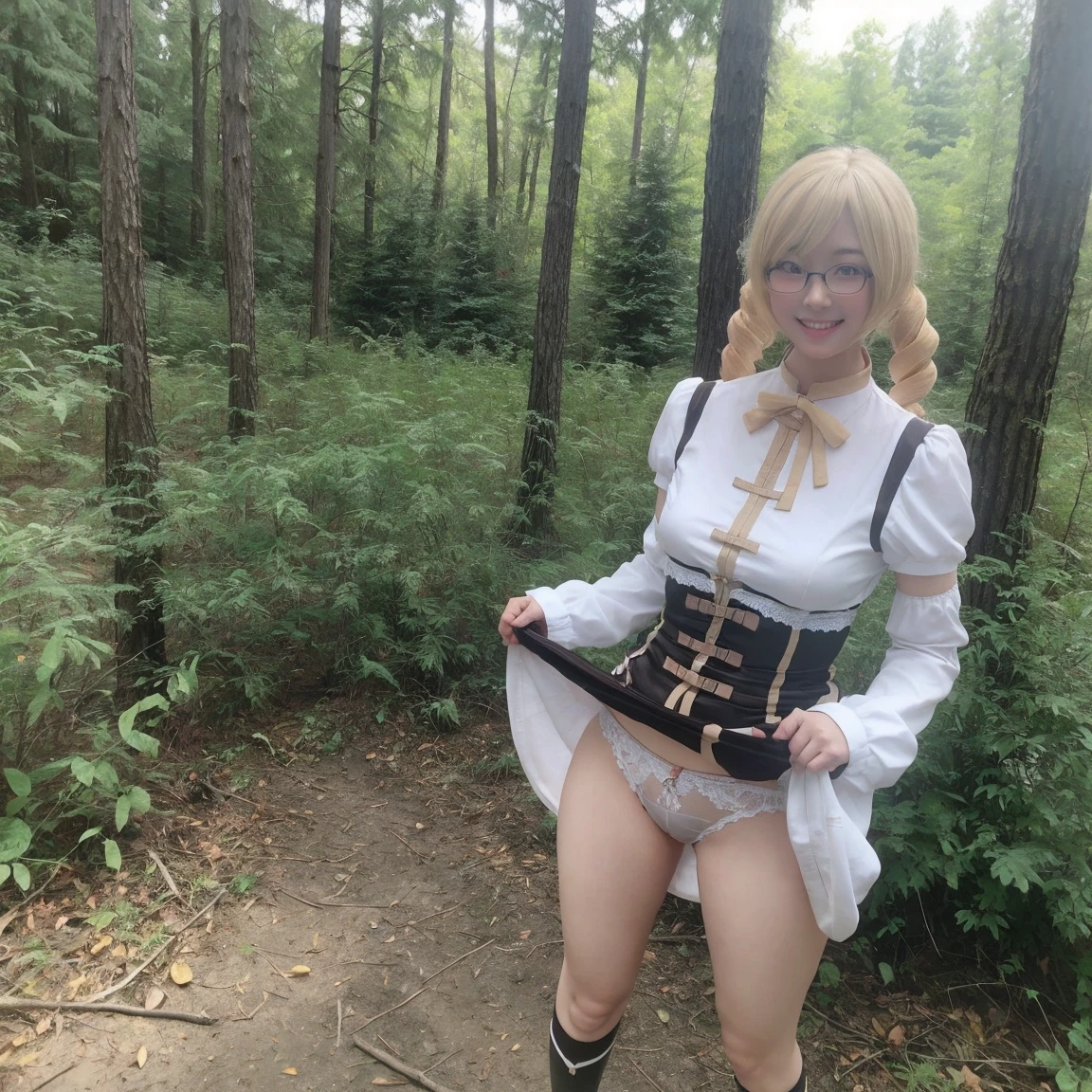 1 person、Slender woman with glasses、Looks young、Show your underwear、Sheer lace underwear、Mami Tomoe Cosplay、smile、forest、Are standing、Pee leaks