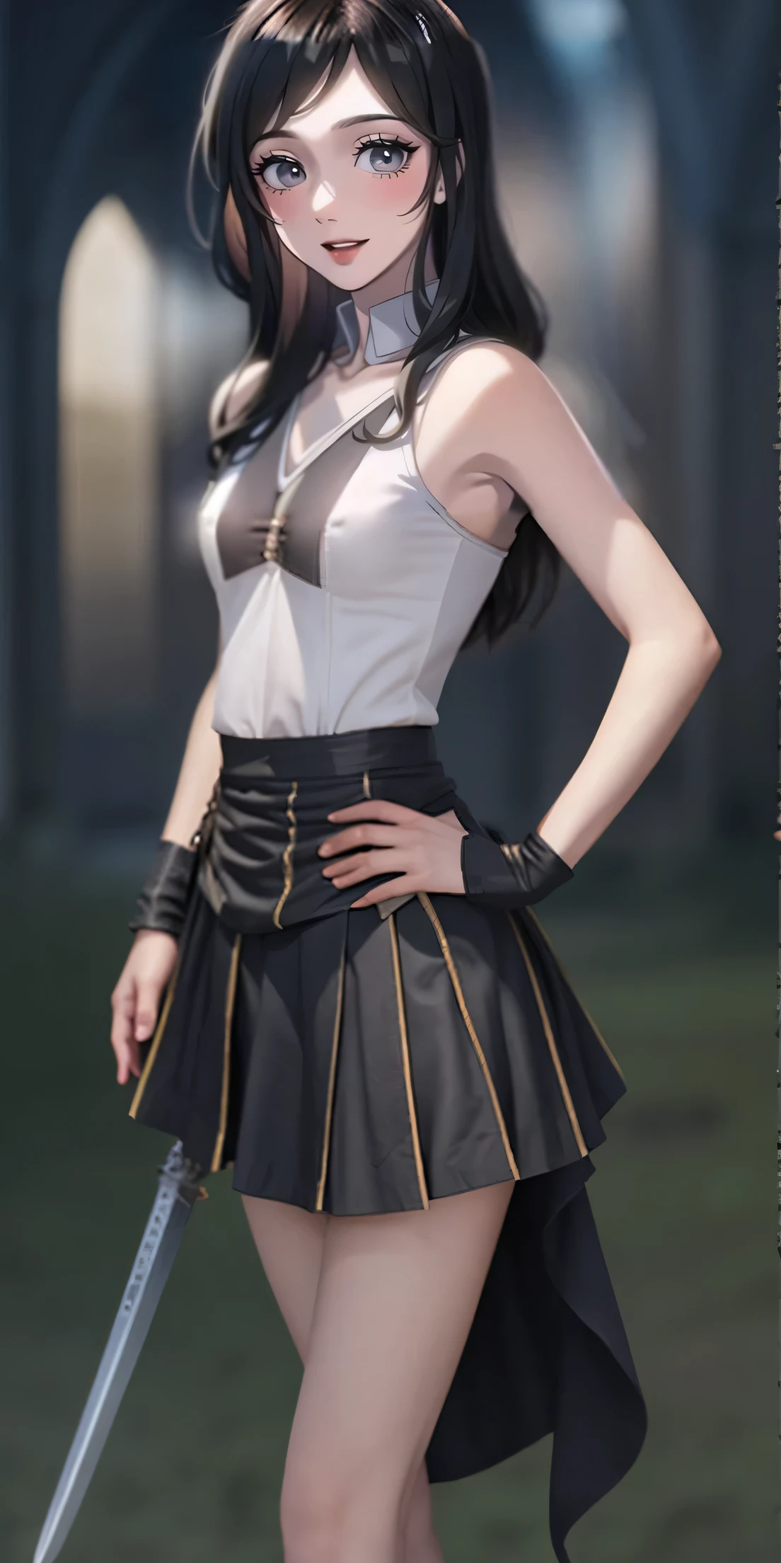 Japanese anime style. woman. middle ages. Europe. fantasy. skirt. sword. Are standing. Whole body.